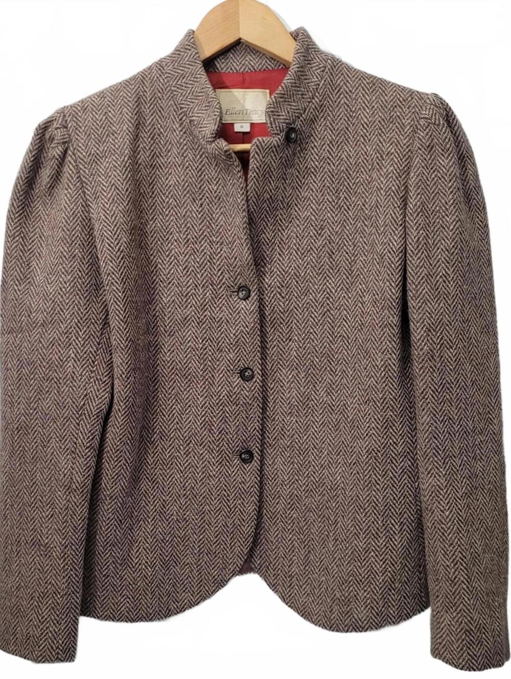Ellen Tracy Vintage 80s Cream Brown Herringbone 100% Wool Blazer Size 8